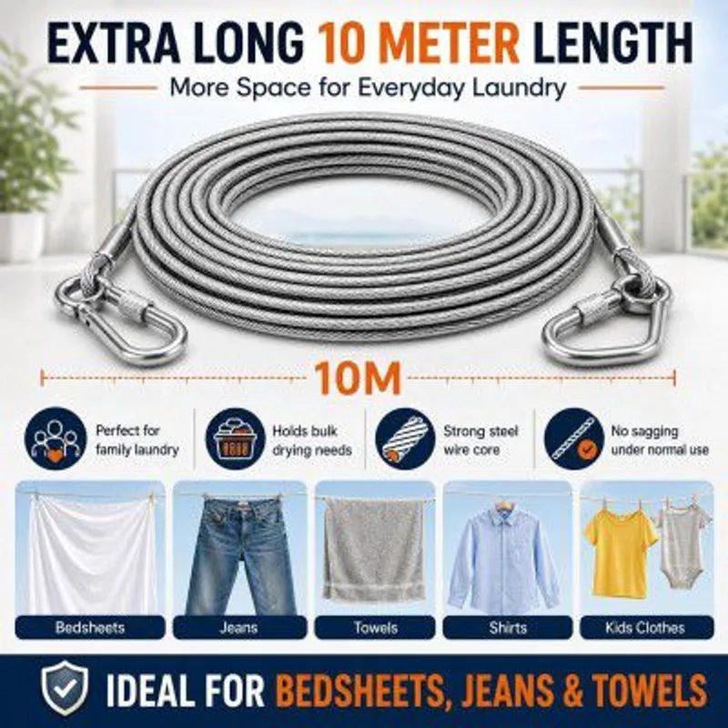 10 Meter Stainless Steel Clothesline Rope with Carabiner Hooks | Heavy-Duty Rust-Resistant Cloth Drying Wire — 75% off on Amazon.in