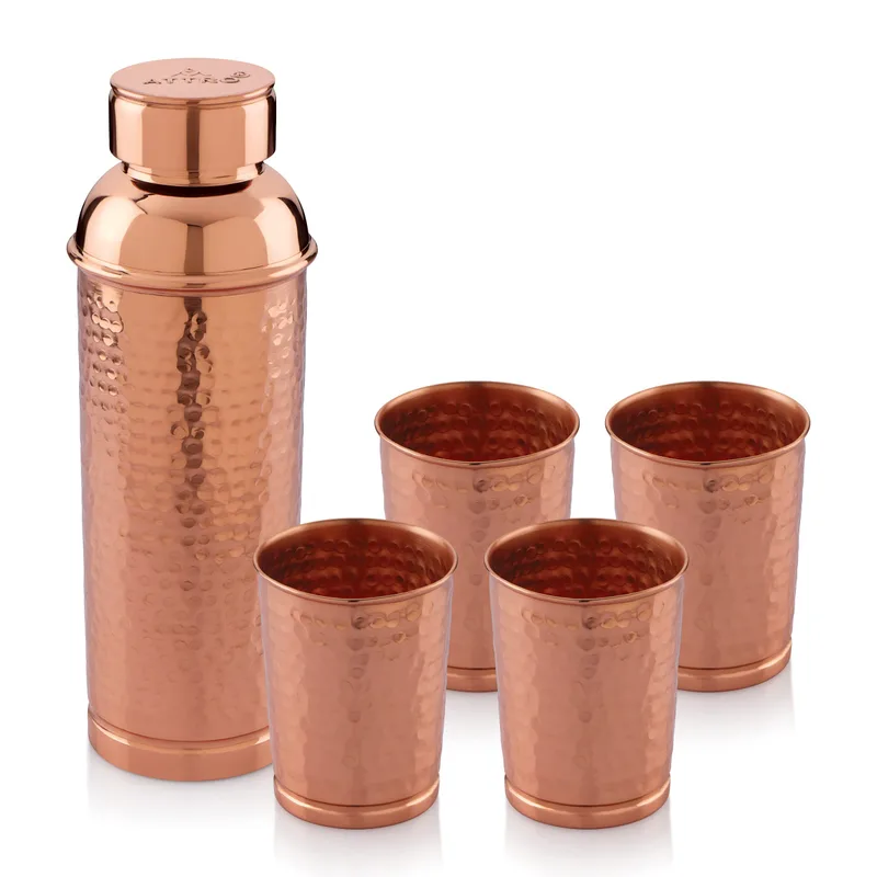 Attro Aarogyam Pavitra Hammered Finish Joint-Less Copper Water Bottle with 4 Glasses | 1000 ml (Pack of Water Bottle & 4 Glasses) — 59% off on Amazon.in