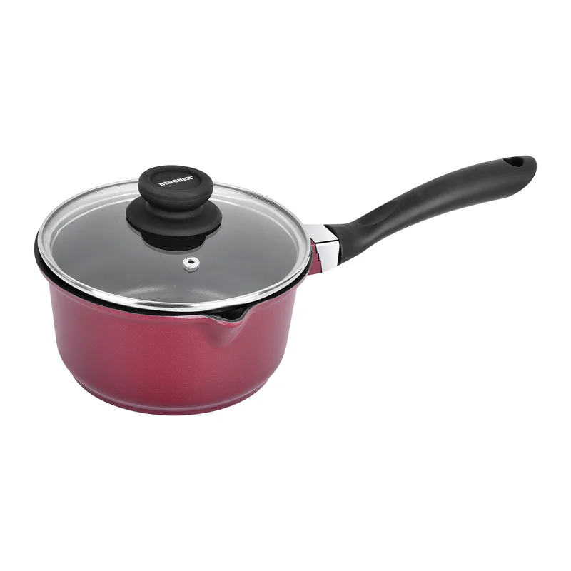 Bergner Scarlett Cast Aluminium Non-Stick Saucepan with Glass Lid, 16 cm, 1.35 litres, Induction Base, Maroon — 71% off on Amazon.in