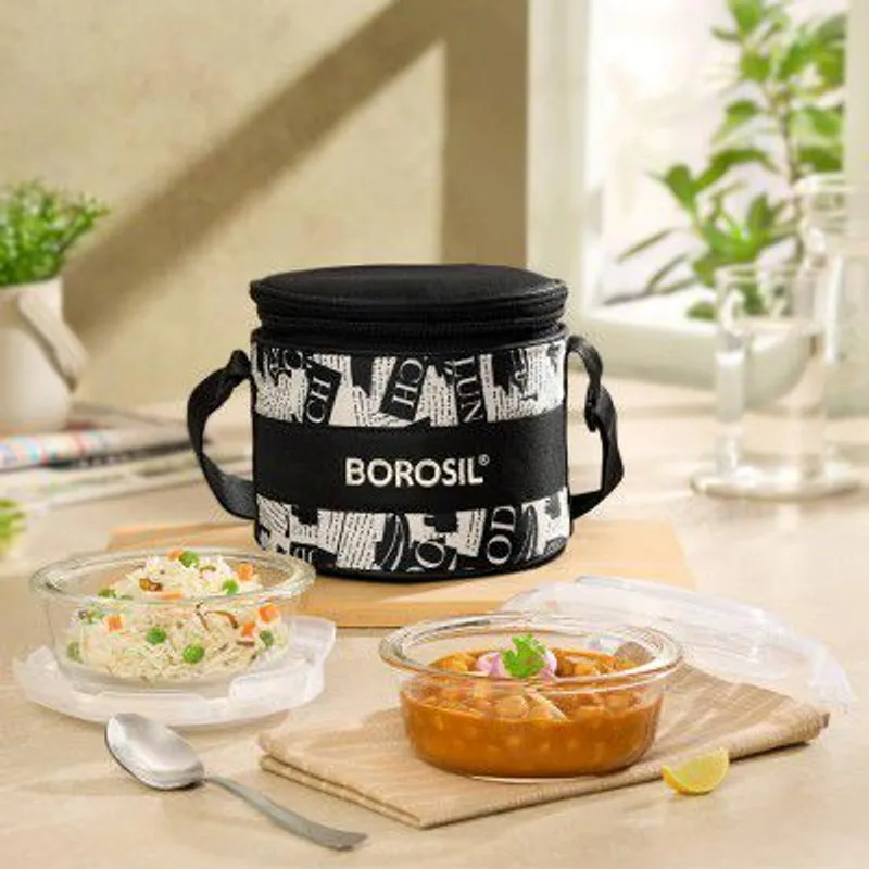 Borosil Nostalgia Borosilicate Glass Lunchbox with Bag | 2 pc Round Container Set (320 ml Each) — 65% off on Amazon.in