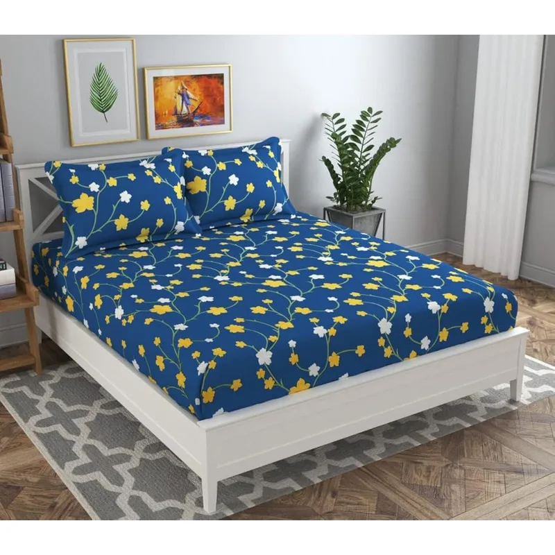 BSB Home 120 Tc Double Floral Printed Bedsheet with 2 Pillow Covers | 110 GSM Soft Brushed Microfiber - Breathable & Wrinkle Free - (86 X 88 Inch, Dark Blue & Yellow & White), 144 Tc — 77% off on Amazon.in