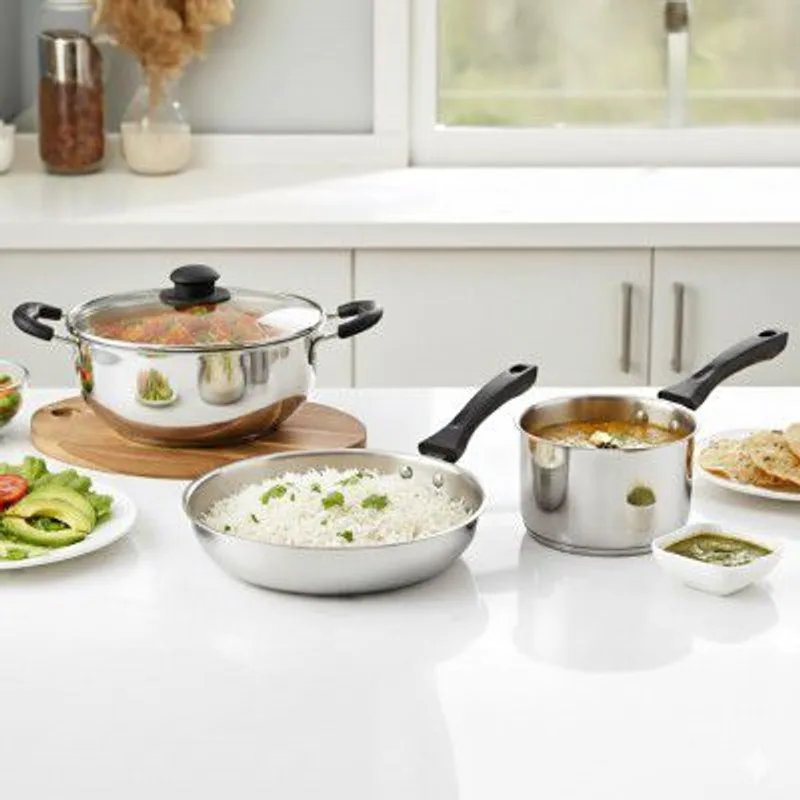 CELLO Galaxy Steelox 3 Pcs Cookware Set | Kadhai with Glass Lid 3L, Milk Tea Saucepan 1.5L, Multipurpose Frying Pan 2L | Gas Stove Compatible, Riverted Handle Stainless Steel Cooking Set for Kitchen — 51% off on Amazon.in