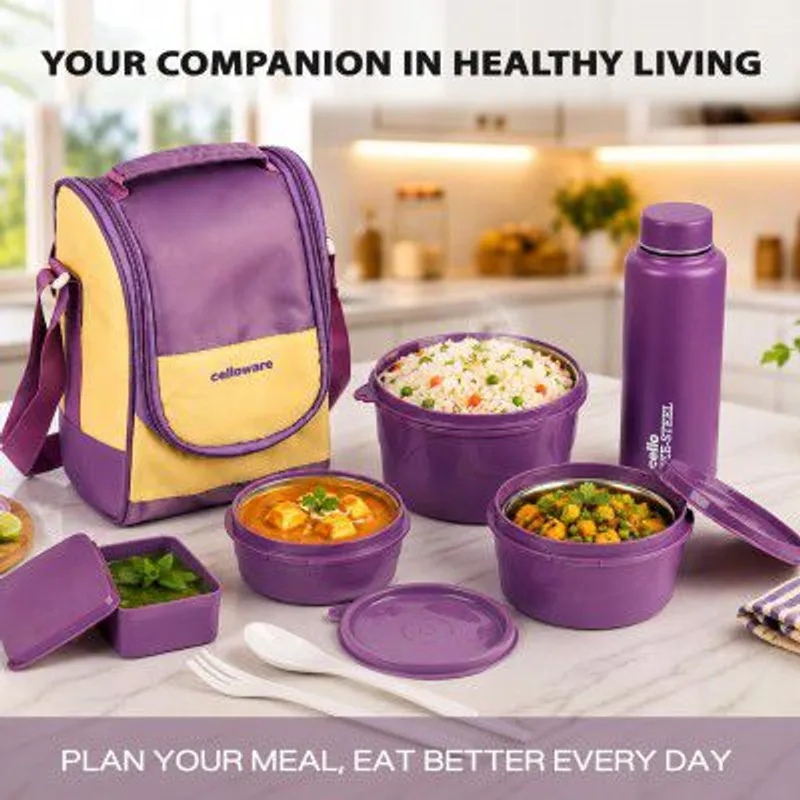CELLO MF All In One Lunch Box with Bag for Office Use, Brown | 225ml, 375ml, 550ml Microwave Safe Containers — 66% off on Amazon.in