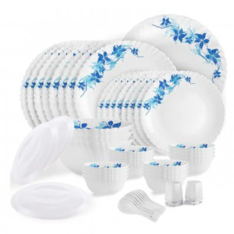 Cello Opalware Dazzle Series Blue Swirl Dinner Set, 49Pcs | Opal Glass Dinner Set for 8 | Light-Weight, Daily Use Crockery Set for Dining | White Plate and Bowl Set — 53% off on Amazon.in