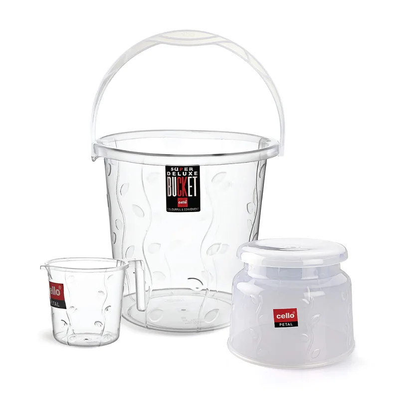 Cello Petal Bathroom Accessory Combo Set of 3, Transparent (20L Bucket, 1.5L Mug & 23cm Tall Stool) — 52% off on Amazon.in