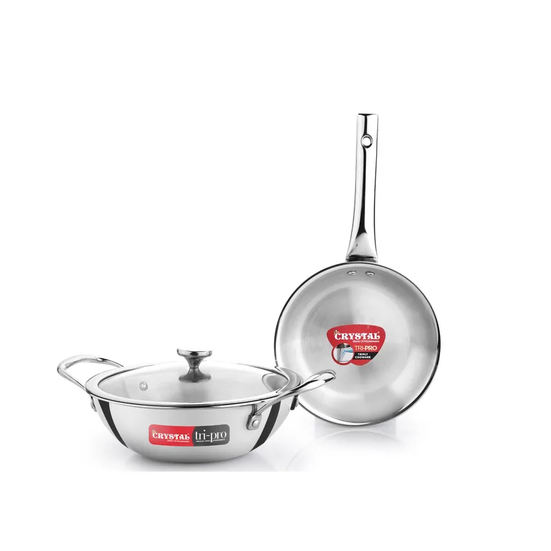 Crystal TriPro Triply Stainless Steel 3 Pcs Cookware Set | Kadai 22cm with Glass Lid and Frypan 18cm — 75% off on Amazon.in