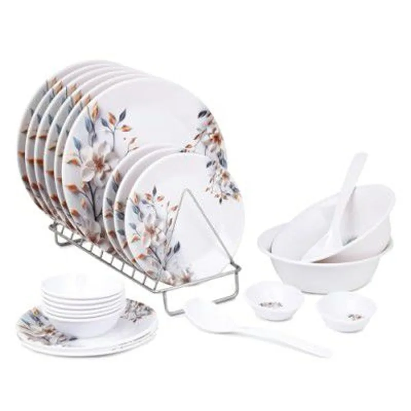 Golden Fish Melamine Printed Dinner Set 24 Pieces | BPA-Free & Dishwasher Safe | Durable & Stylish | Floral Print | Crockery Set (White & Blue) — 62% off on Amazon.in