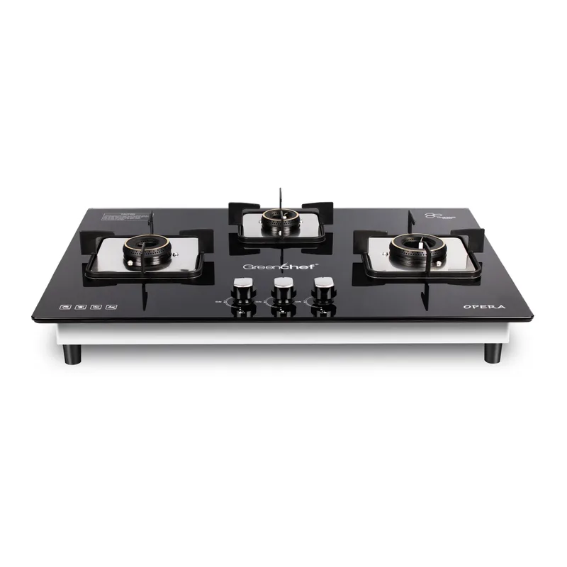 Greenchef Opera Hob top Three burner gas stove – Auto Ignition, Toughened Glass, LPG Compatible, Sleek and compact design, High Thermal Efficiency Brass Ring Burners — 77% off on Amazon.in