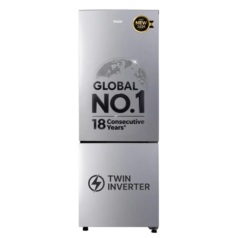 Haier 237 L 2 Star Frost Free Twin Inverter Double Door Bottom Mount Refrigerator with Extra Spacious 2X Veg Box (HEB-242EGSA-P, Moon Silver, 2026 Model) — 40% off on Amazon.in