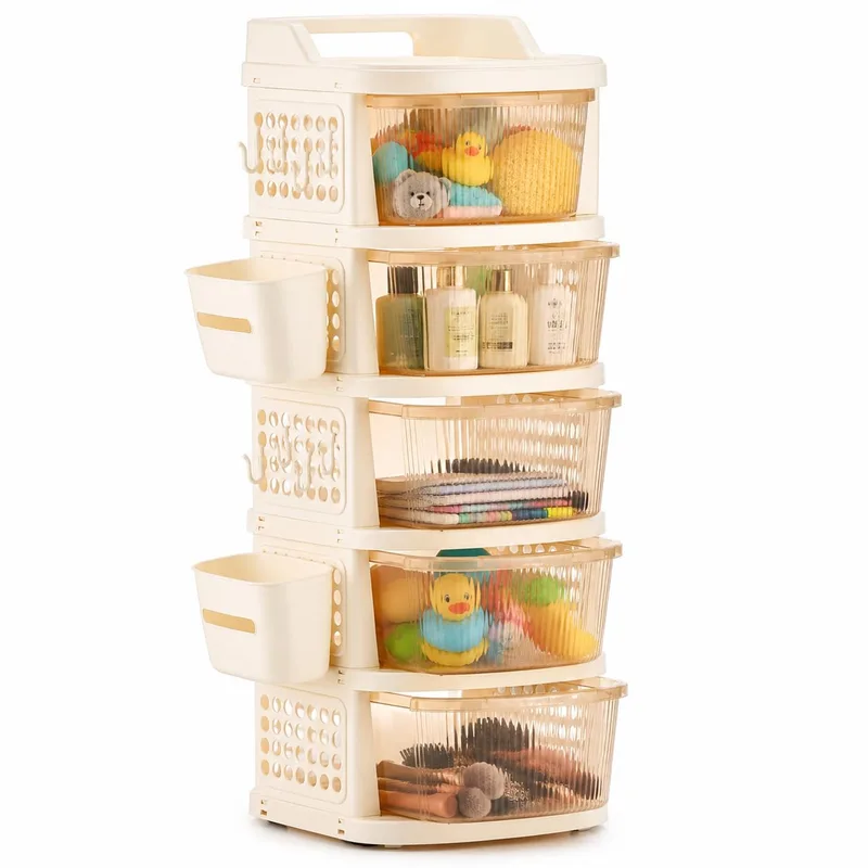 Homeor 5 Tier Plastic Storage Drawer Cabinet with Wheels, Modular Chest of Drawers Organizer with Side Basket & Handle, Storage Trolley Rack (Ivory Transparent) — 81% off on Amazon.in