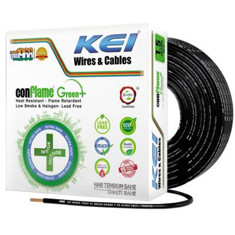 KEI CONFLAME GREEN PLUS 1.5 sqmm 1 Core, 99.97% Pure Copper Conductor,FRLSH - Lead Less Insulation House Wire Suitable for Domestic & Industrial Electrical Wiring (Black, 180 Meters) — 53% off on Amazon.in