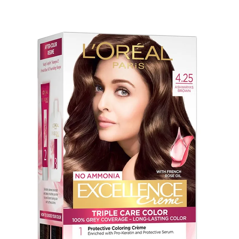 L'Oreal Paris Permanent Hair Colour, Radiant At-Home Hair Colour with up to 100% Grey Coverage, Pro-Keratin, Up to 8 Weeks of Colour, Excellence Crème, 4.25 Aishwarya'S Brown, 72ml+100g — 65% off on Amazon.in