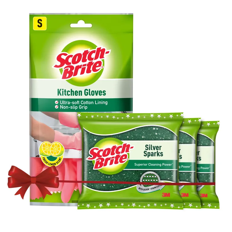 Scotch-Brite Kitchen Gloves Small Pair (1 Unit) & Scotch-Brite Silver Sparks Scrub pad for dishwashing (3 Units) — 56% off on Amazon.in