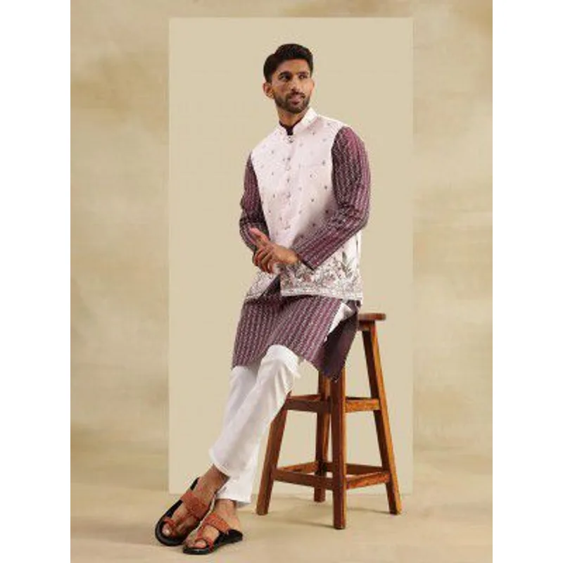 SOJANYA Men's Silk Blend Wine Kurta & White Pyjama With Daman Embroidered Nehru Jacket — 90% off on Amazon.in