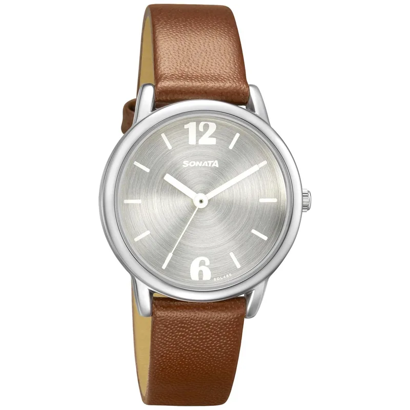 Sonata Excl Fkt Plain 3 Hands Silver Round Dial Tan A1Leather Strap Women's Watch - NS8172SL02 — 37% off on Amazon.in