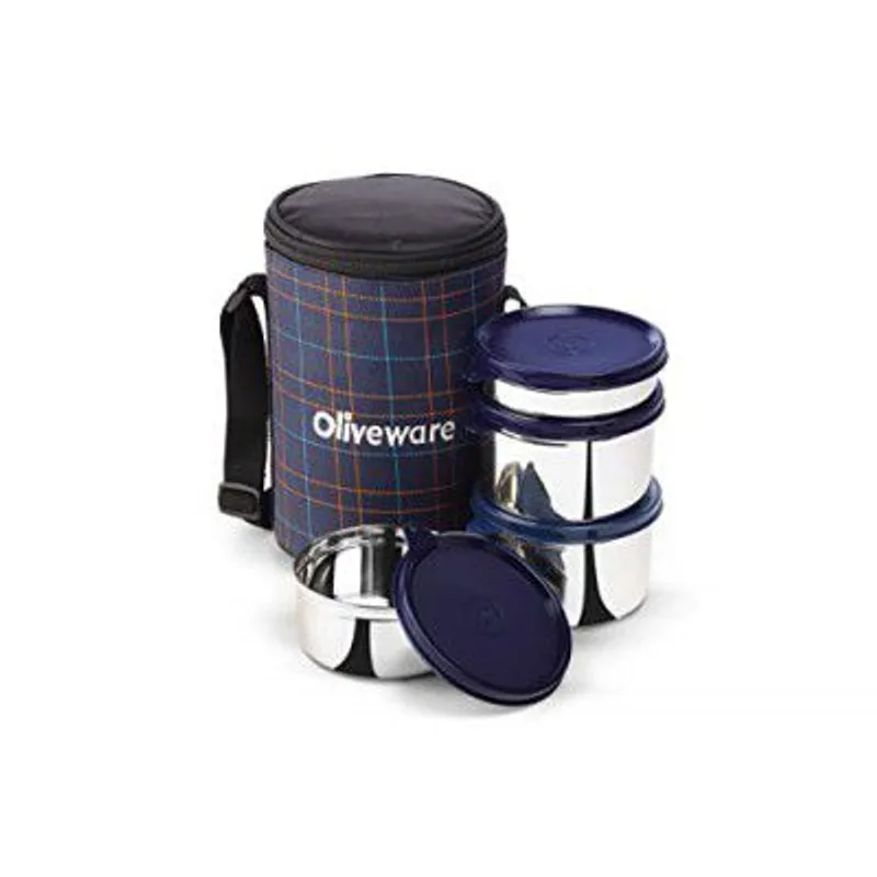 SOPL-OLIVEWARE Mega Lunch Box, 100% Leak Proof, 4 Stainless Steel Containers (300ml, 450ml & 2x600ml) (Blue) — 55% off on Amazon.in