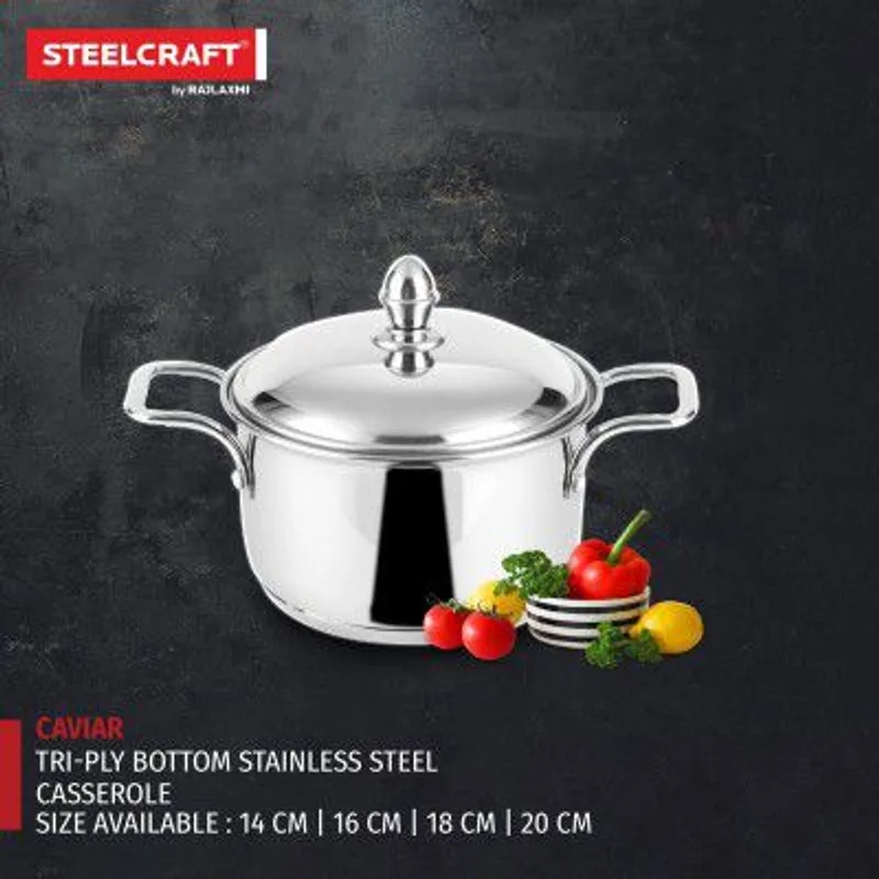 Steelcraft Premium Stainless Steel Caviar Casserole l (Induction Friendly) Cook and Serve Set of 1 pc Casserole (18cm, 1800ml) with Steel Lids,for Multipurpose Cooking, Silver — 56% off on Amazon.in
