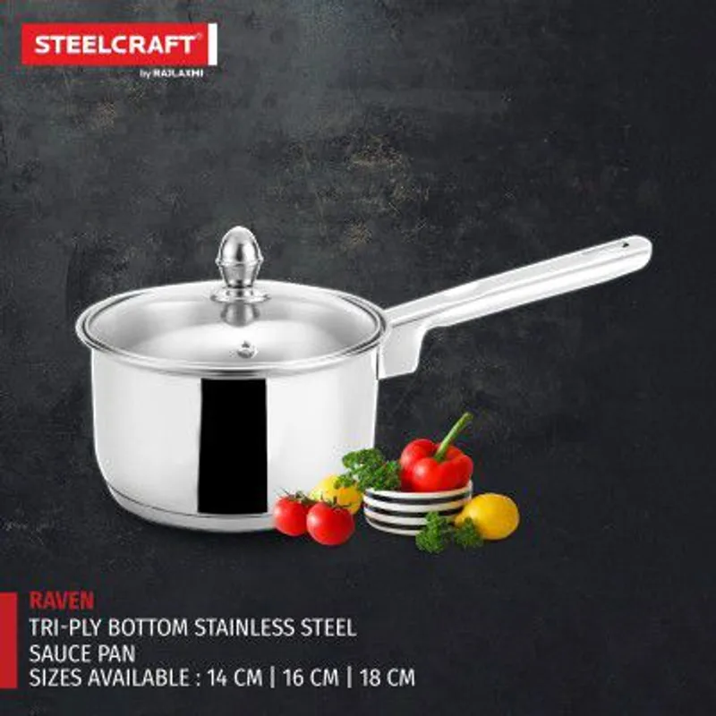 Steelcraft Premium Stainless Steel Raven Saucepan with Glass lid -16 cm, 1200ml (Induction Friendly) Cook and Serve, for Multipurpose Cooking, Silver, Set of 1 — 61% off on Amazon.in