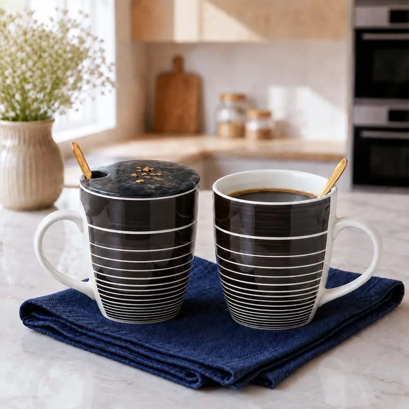 The Earth Store Ring Brown Coffee Mug with Lid and Spoon Set of 2 | 280ML Ceramic Coffee Mugs Set of 2 — 78% off on Amazon.in