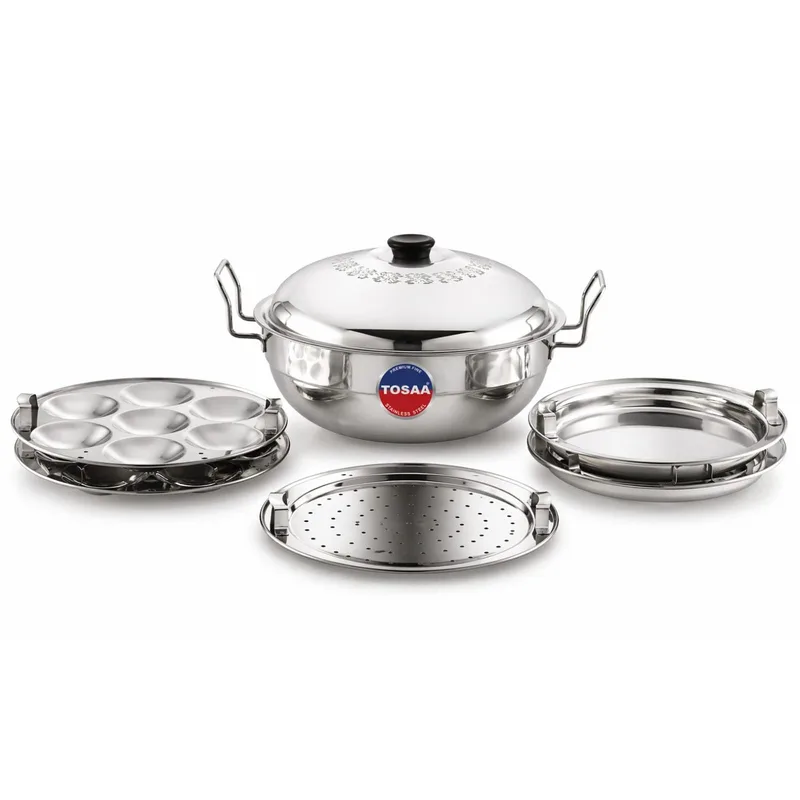 Tosaa Big Induction Compatible Multi Purpose Kadai, 27 cm ,5 Plates, Silver — 80% off on Amazon.in